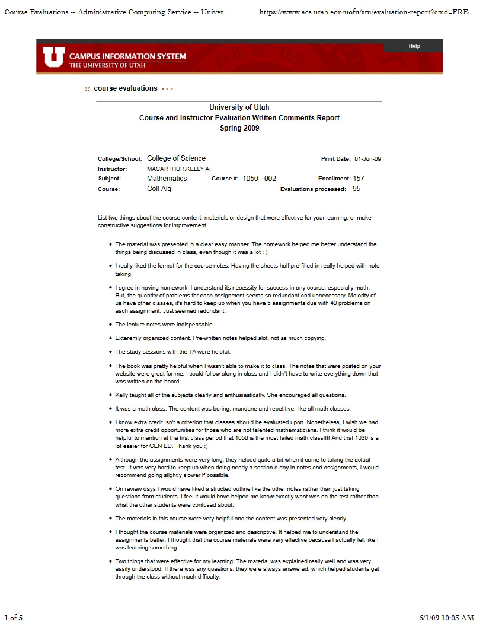 Instructor Evaluation Comments
