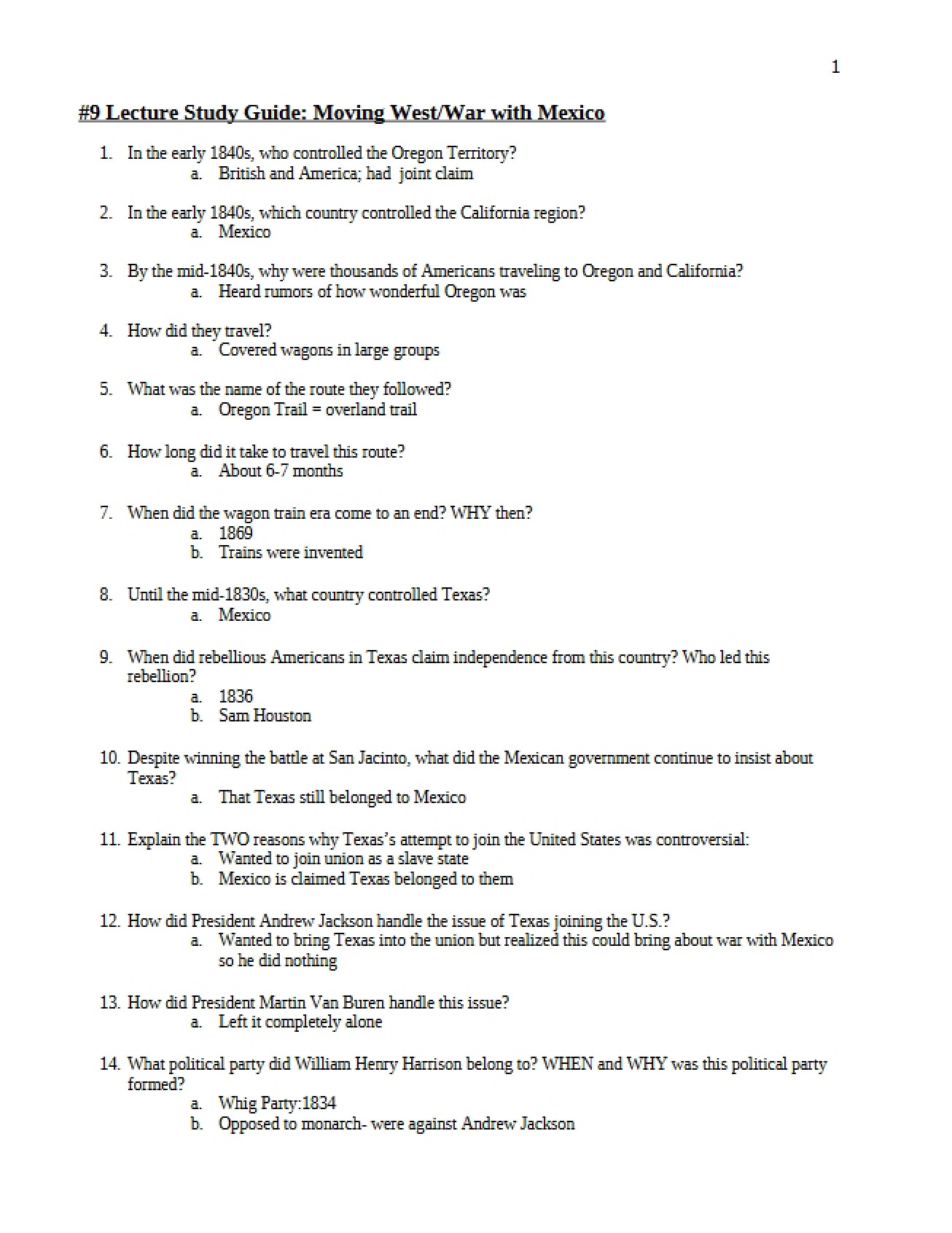 Study Guide for the Westward Movement Lecture