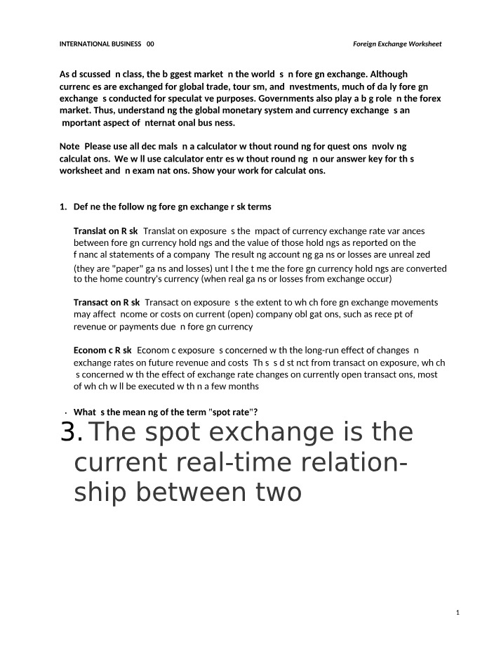 Worksheet for Foreign Exchange
