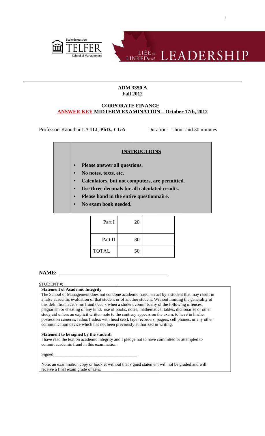 Fall 2012 Corporate Finance Midterm Answer Key
