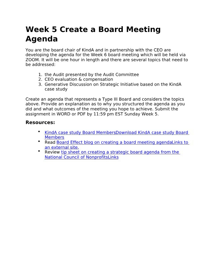Board Meeting Agenda for Week 5