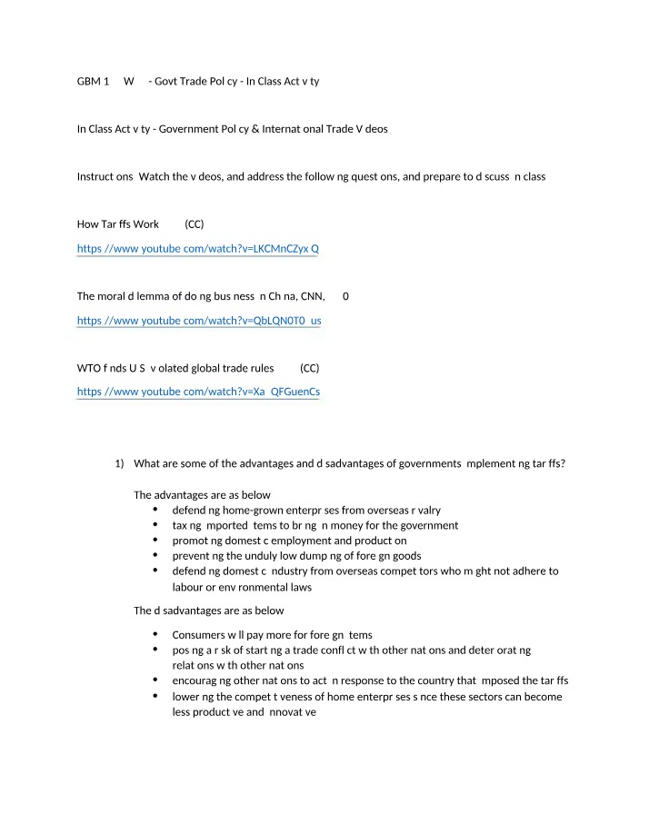 In-Class Activity - Government Trade Policy