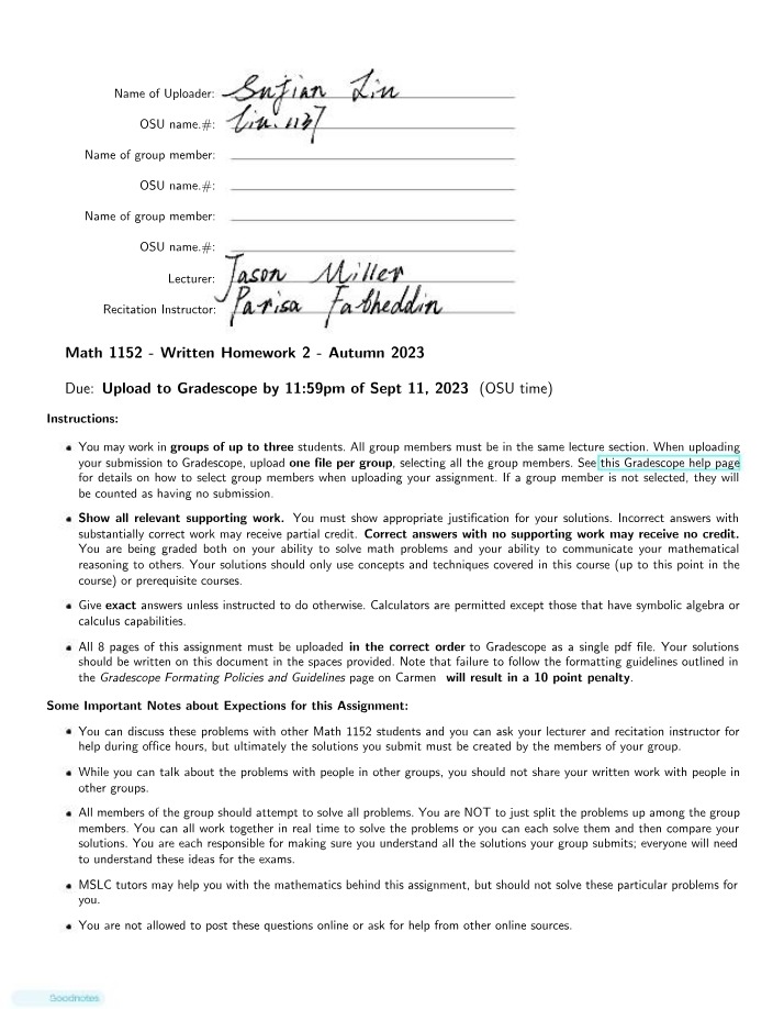 Autumn 2023 Written Homework 2 - Math 1152