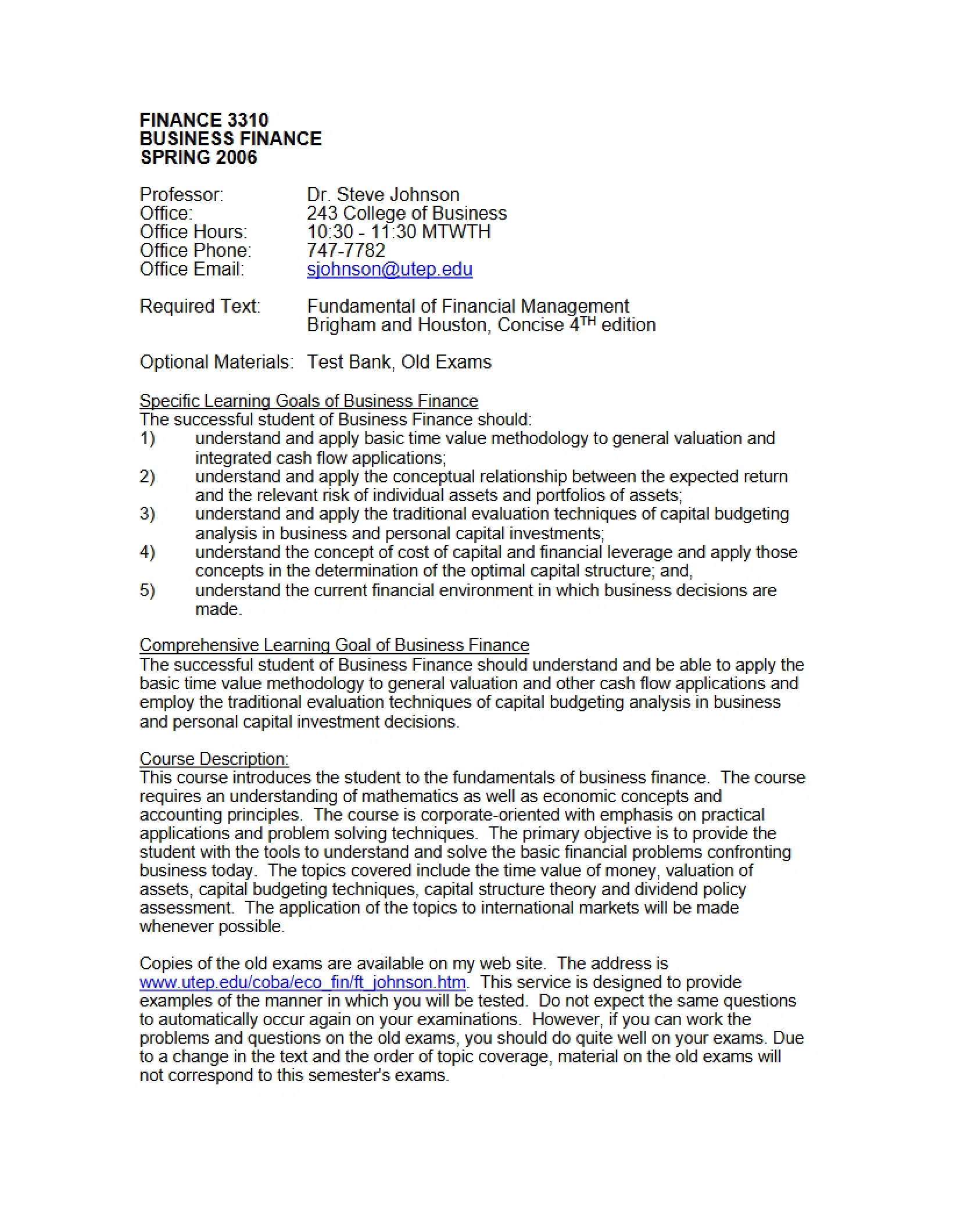 Business Finance Course Syllabus