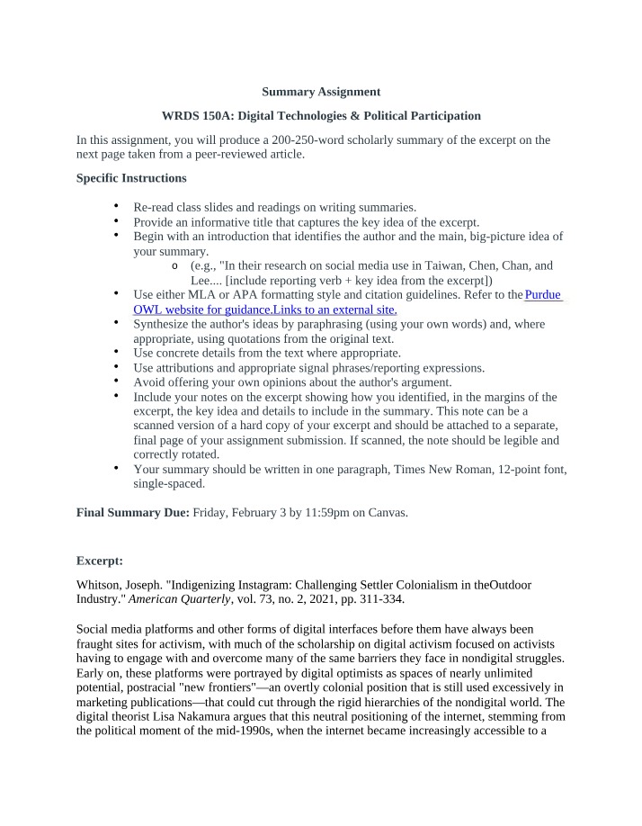 WRDS 150A Summary Assignment