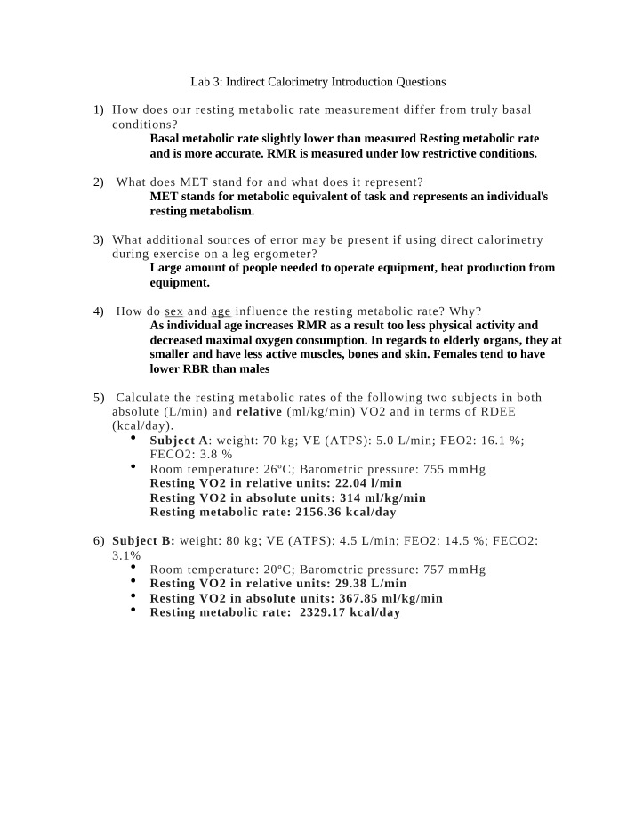 Introduction Questions for Lab 3 - Indirect Calorimetry