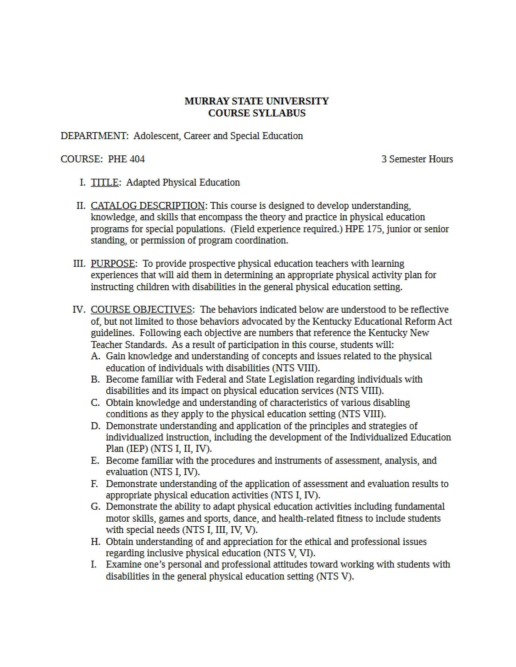 Syllabus - Adapted Physical Education II