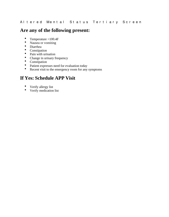 Altered Mental Status - Tertiary Screen Symptoms and Evaluation