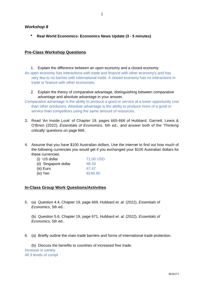 Workshop Questions and Answers for Open and Closed Economies