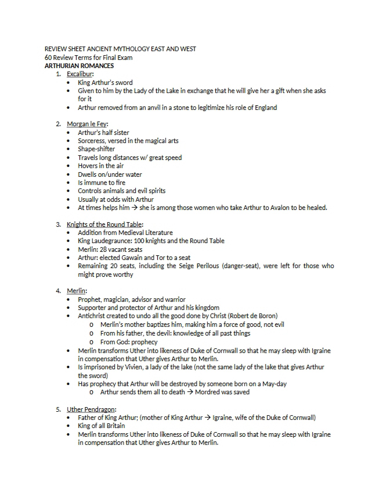 Review Sheet for Mythology of the East and West