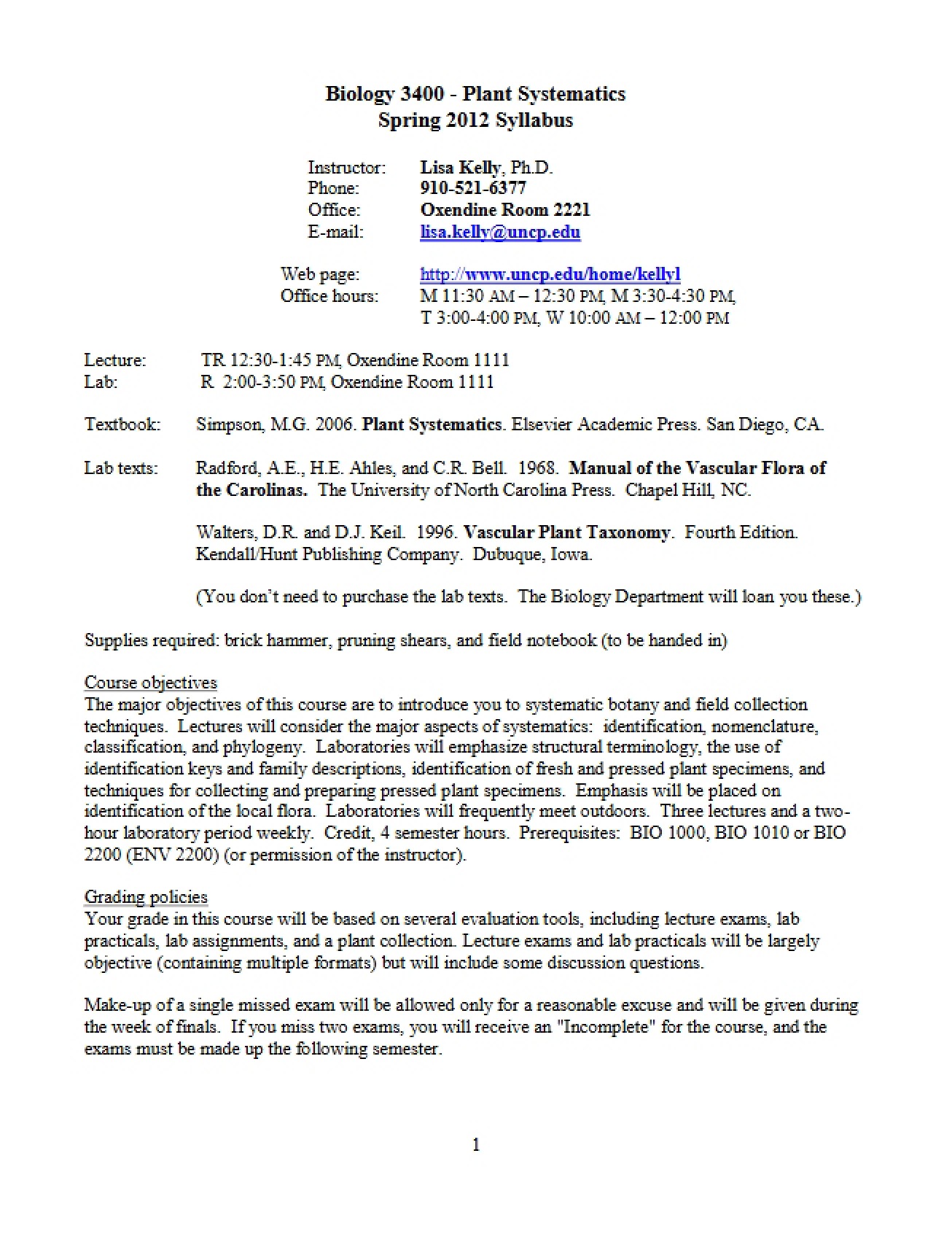 Plant Systematics Syllabus - 5 Pages
