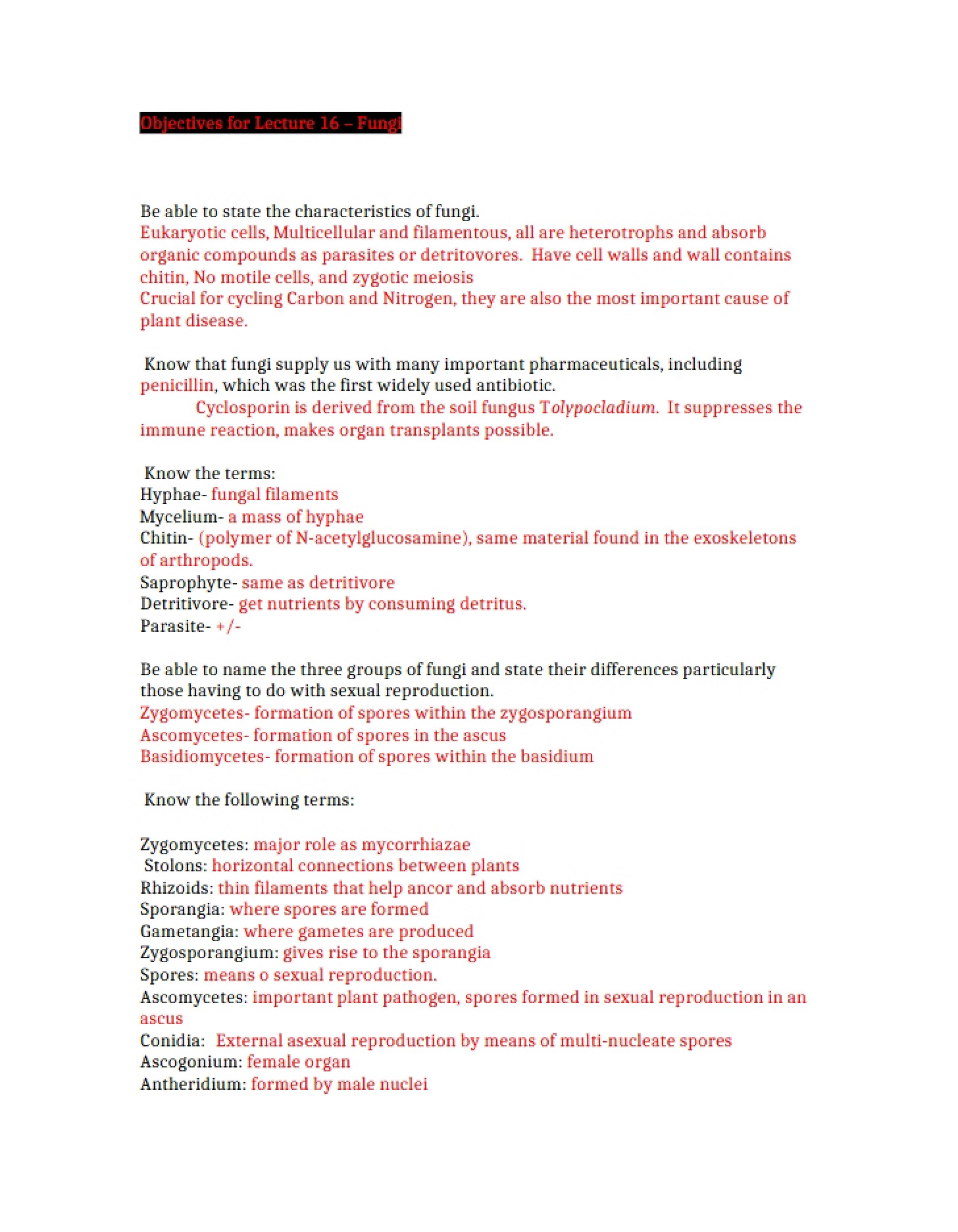 Fungal Biology Goals Lecture Sixteen