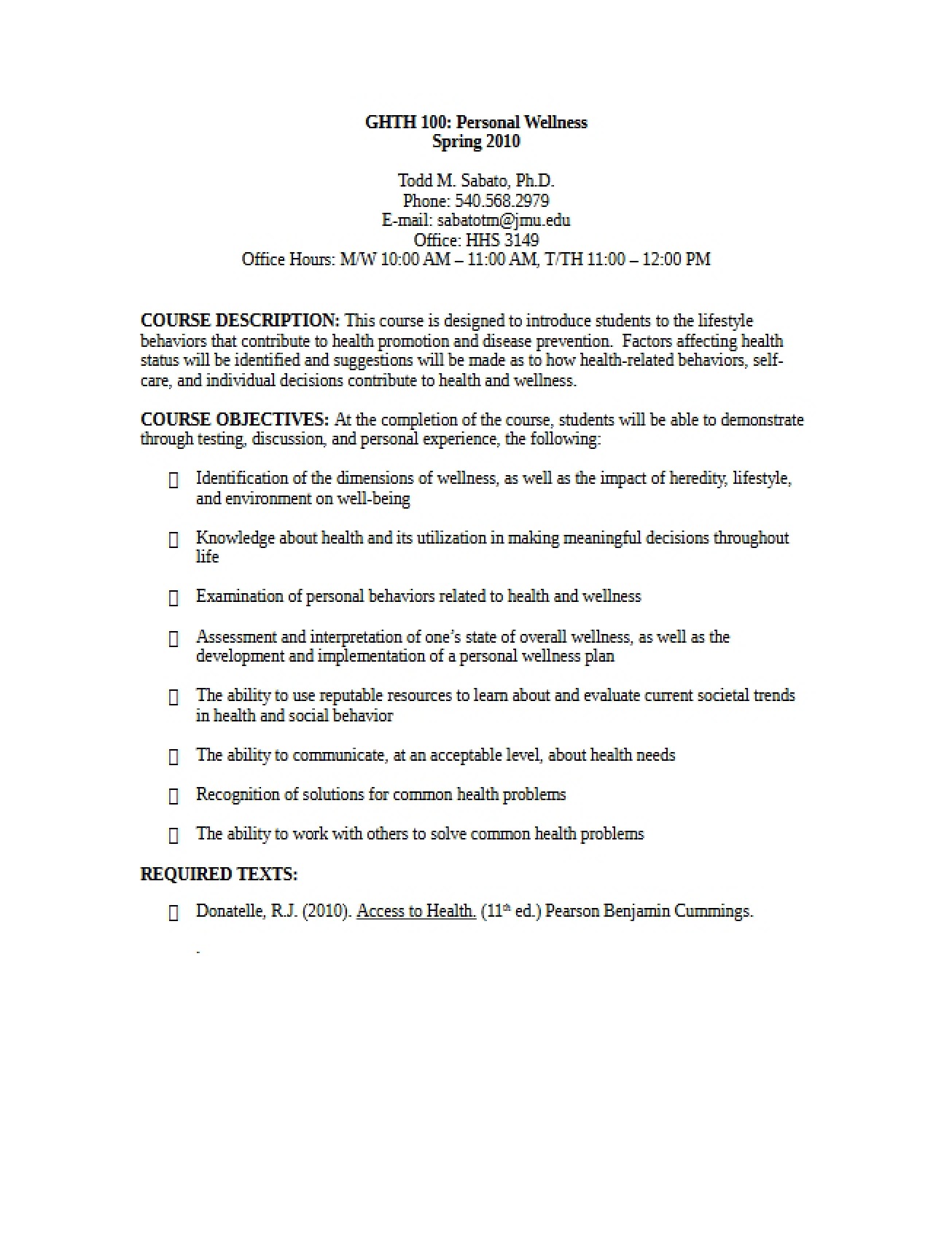 Syllabus for the Personal Wellness Course