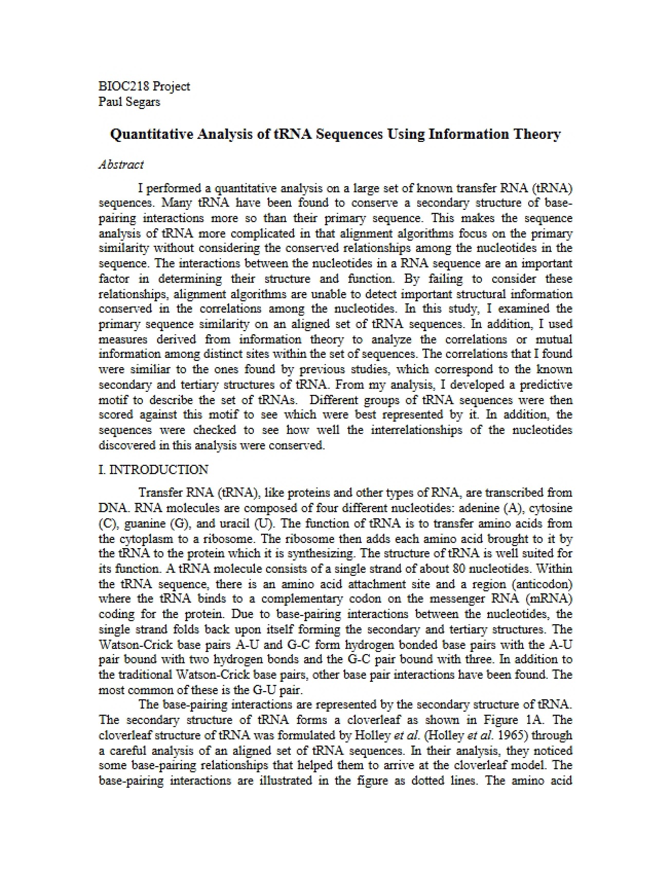Quantitative Analysis of tRNA Sequences Using Information Theory