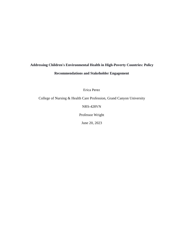 Policy Recommendations and Stakeholder Engagement for Children's Environmental Health in High-Poverty Countries
