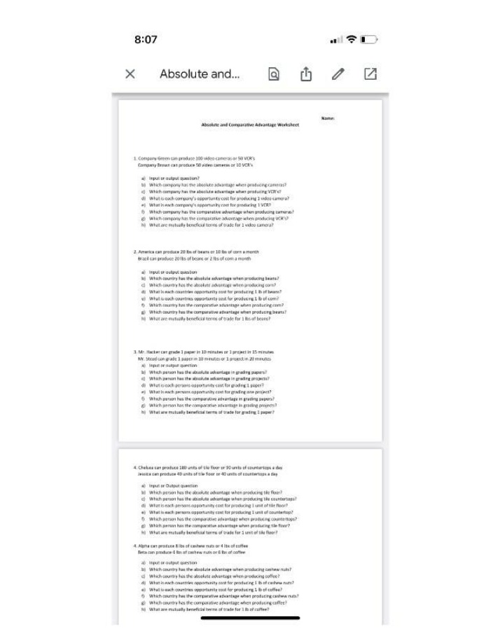 Worksheet - Absolute and Comparative Advantage