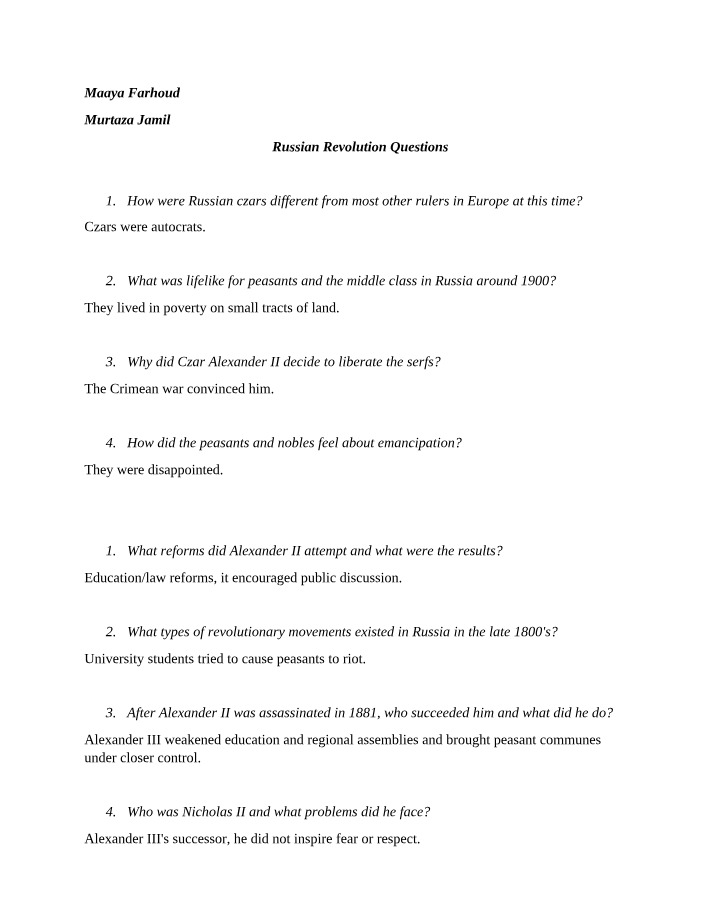 Questions on the Russian Revolution