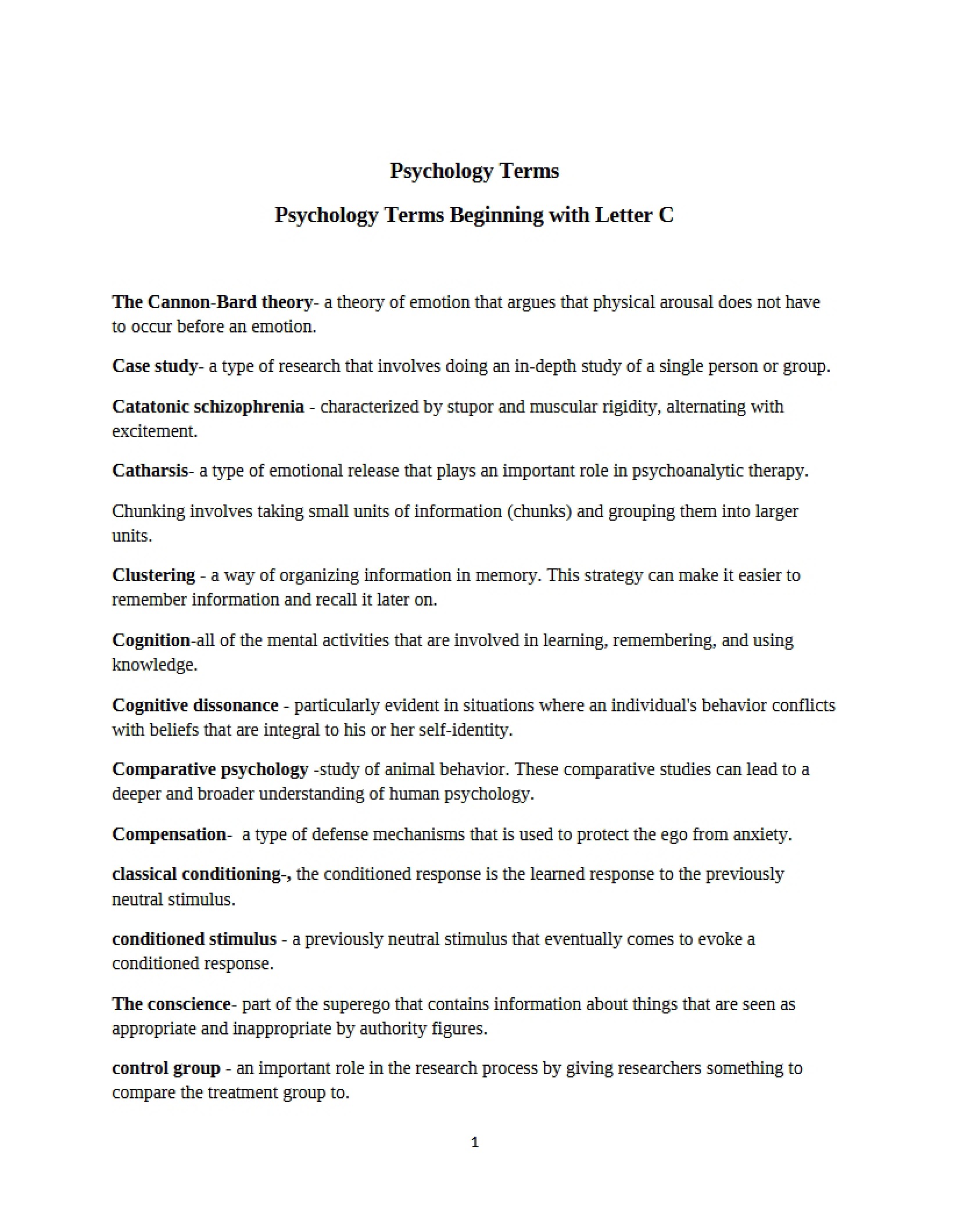 Terms Starting with C (Psychology)