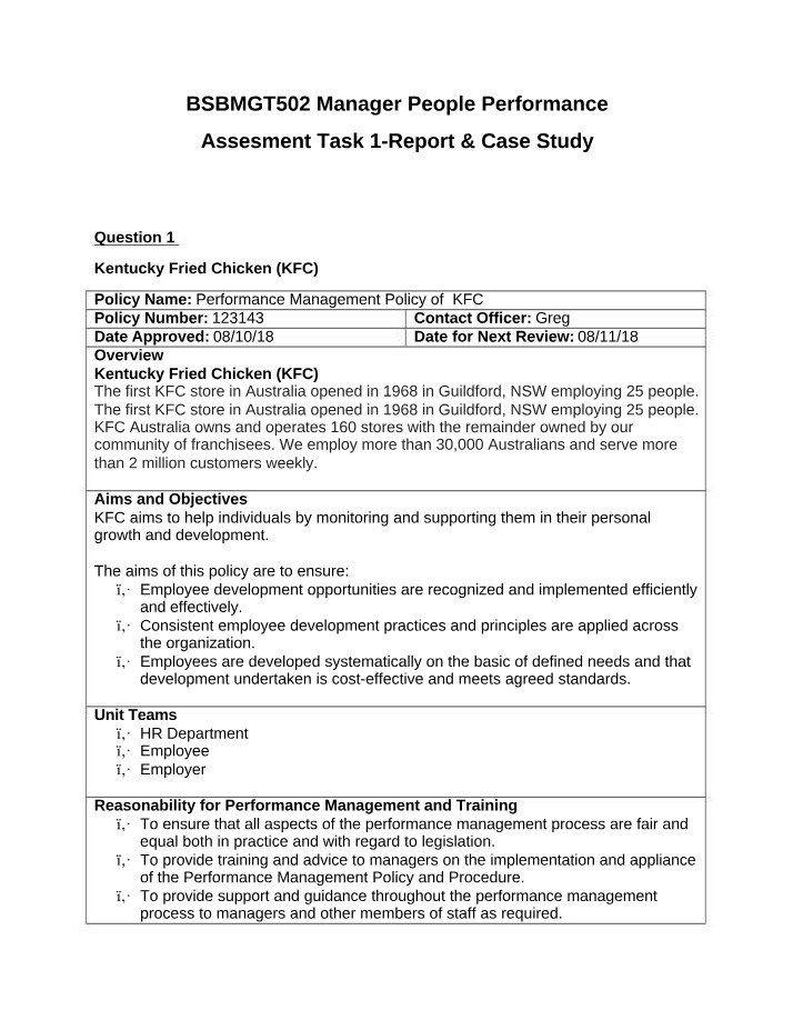 BSBMGT502 Assessment Task 1 - KFC Case Study and Report