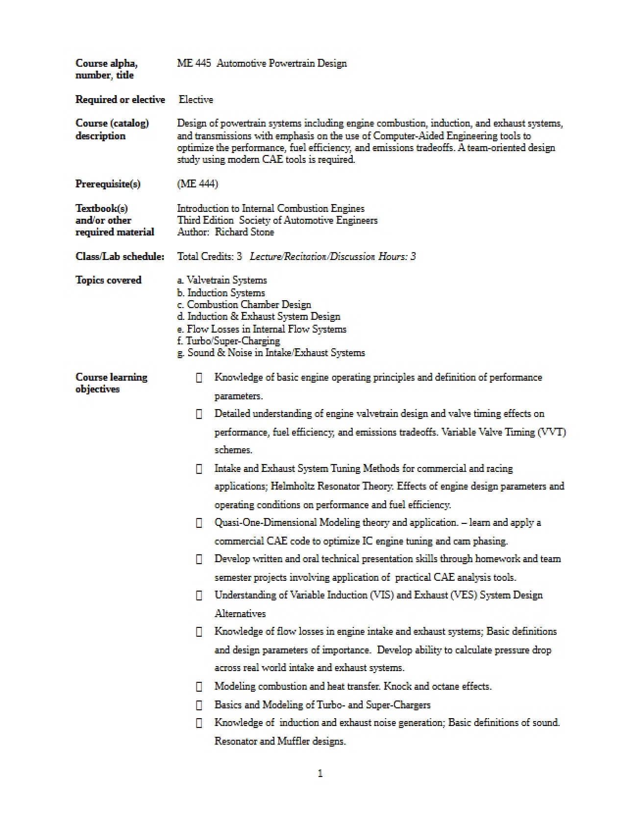 ME 445 Course Outline