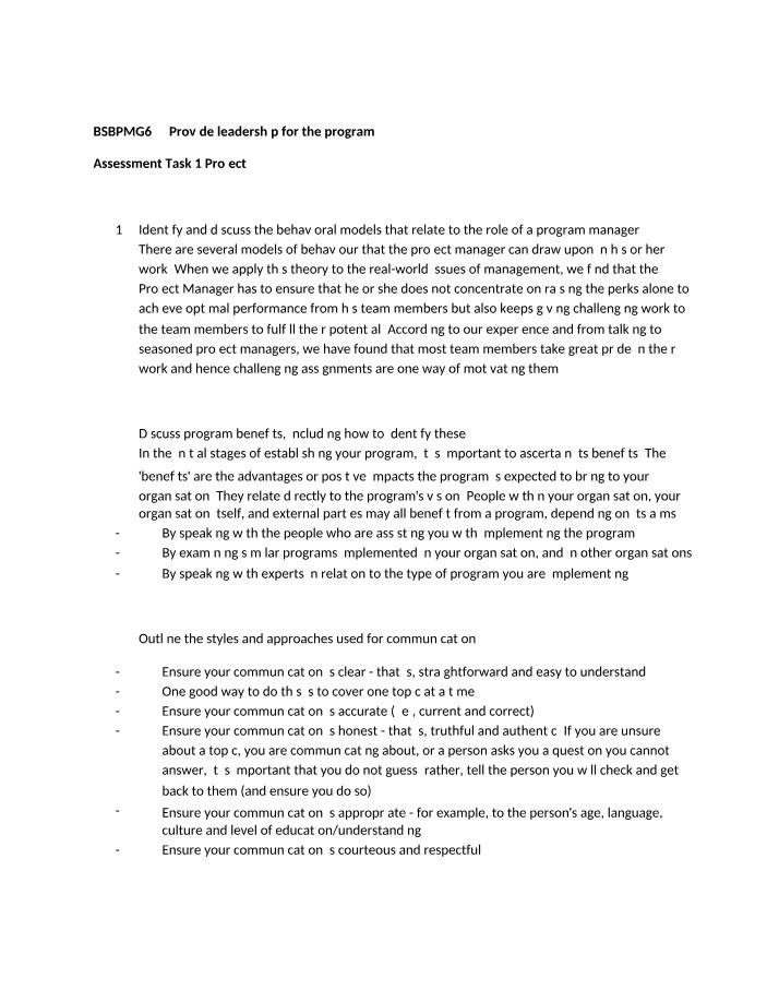 Provide Leadership for the Program - Assessment Task 1