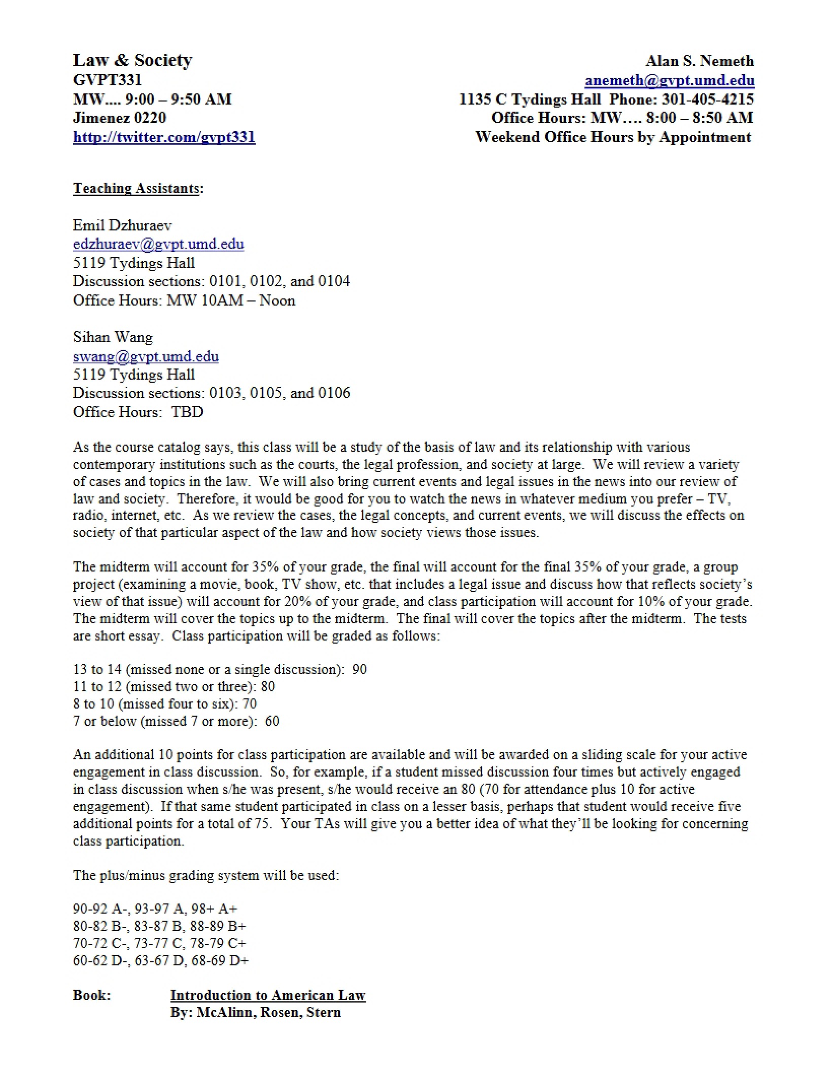 Syllabus for Law and Society Class