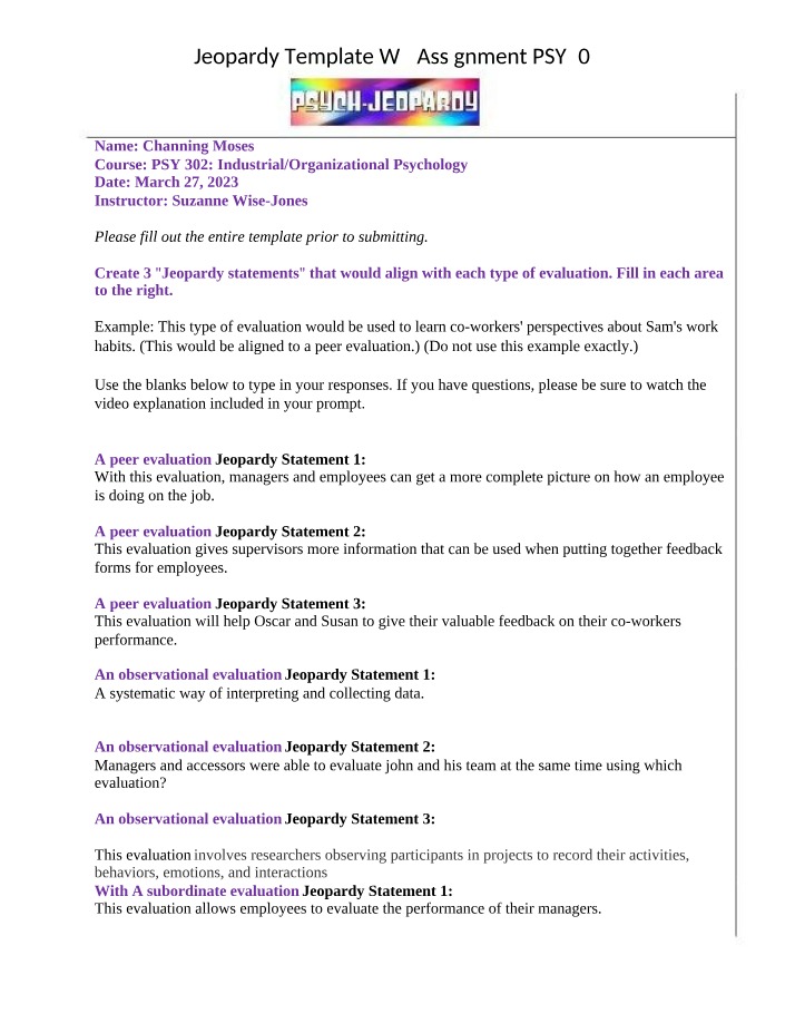 Jeopardy Template W2 PSY302 Assignment