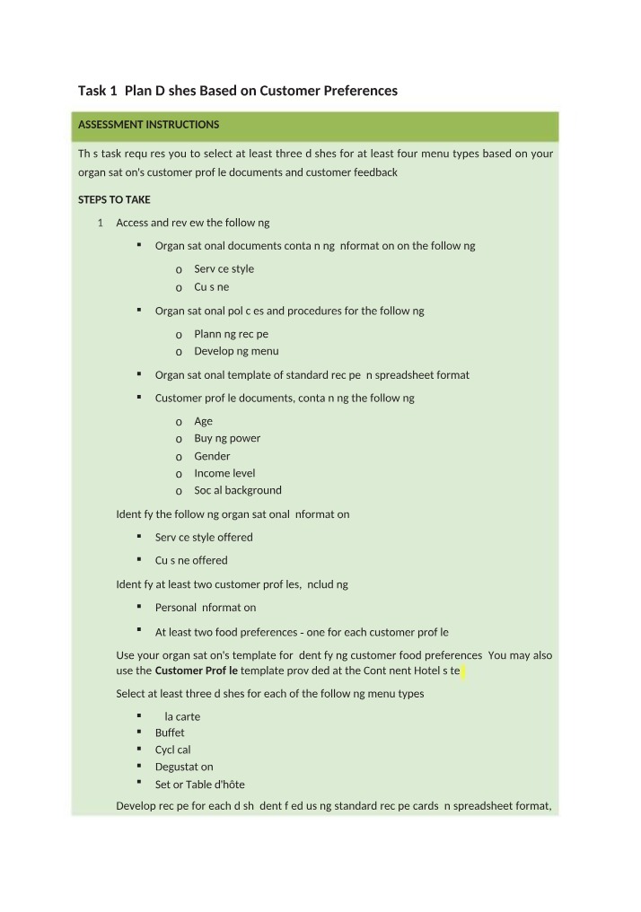 SITHKOP010 - Practical Assessment Answers