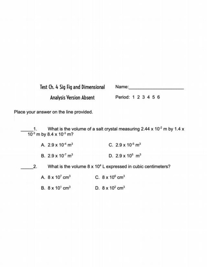 Test on Volume Calculations, Sig Figs, and Dimensional Analysis