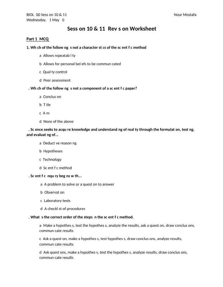 BIOL200 Worksheet 10 and 11