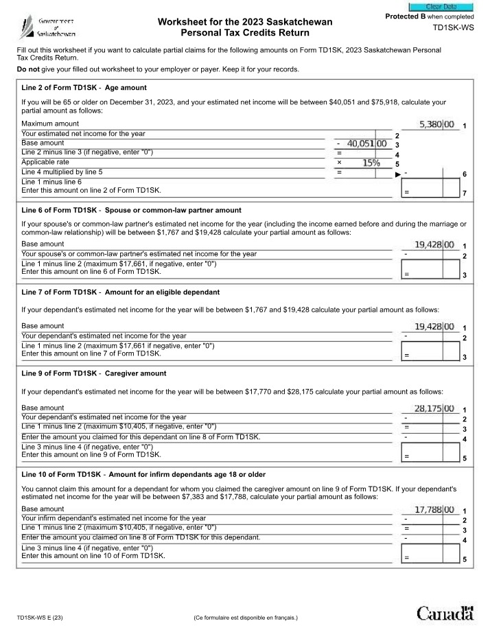 2023 TD1SK-WS E Tax Credits Return