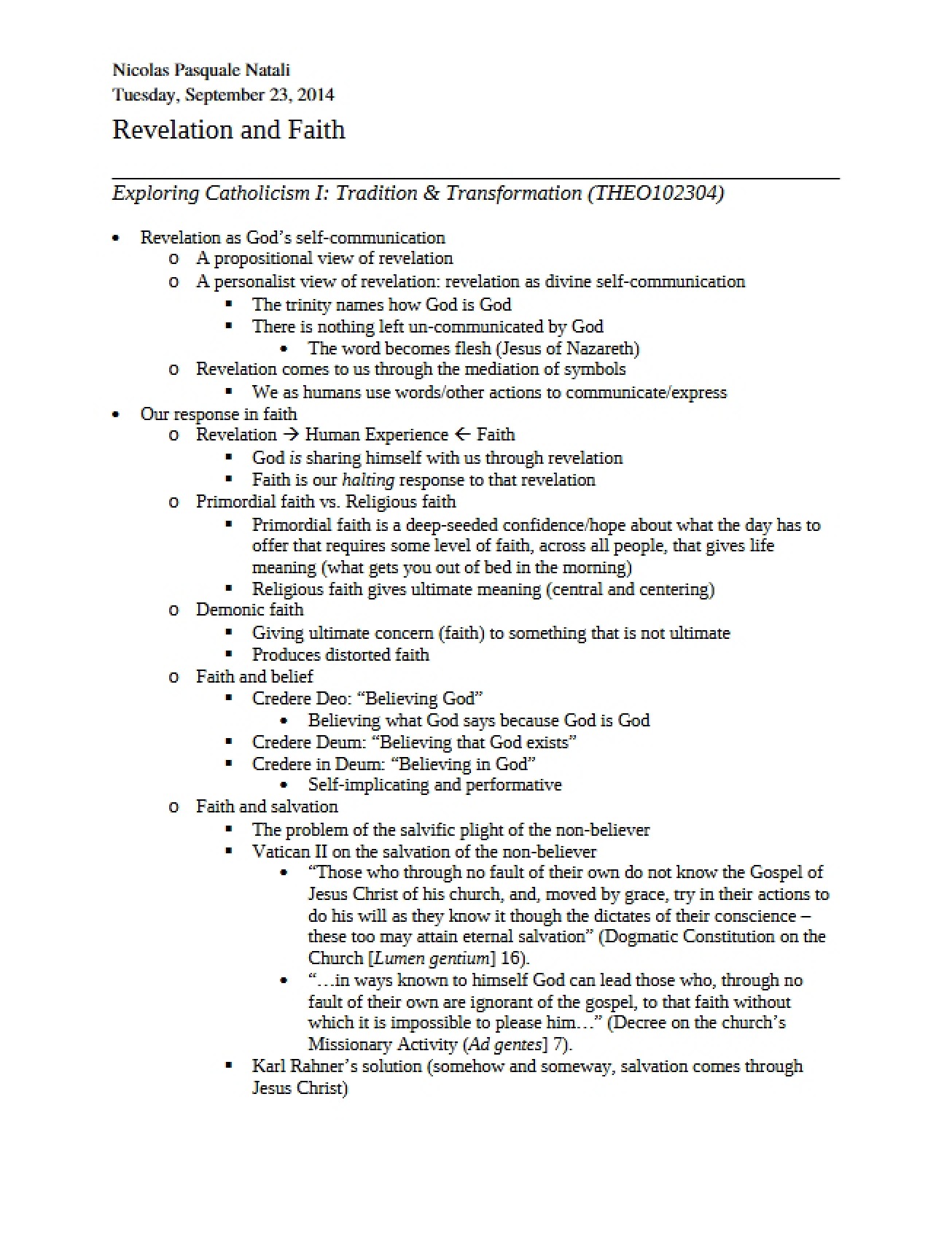 Concepts of Revelation and Faith in Catholicism