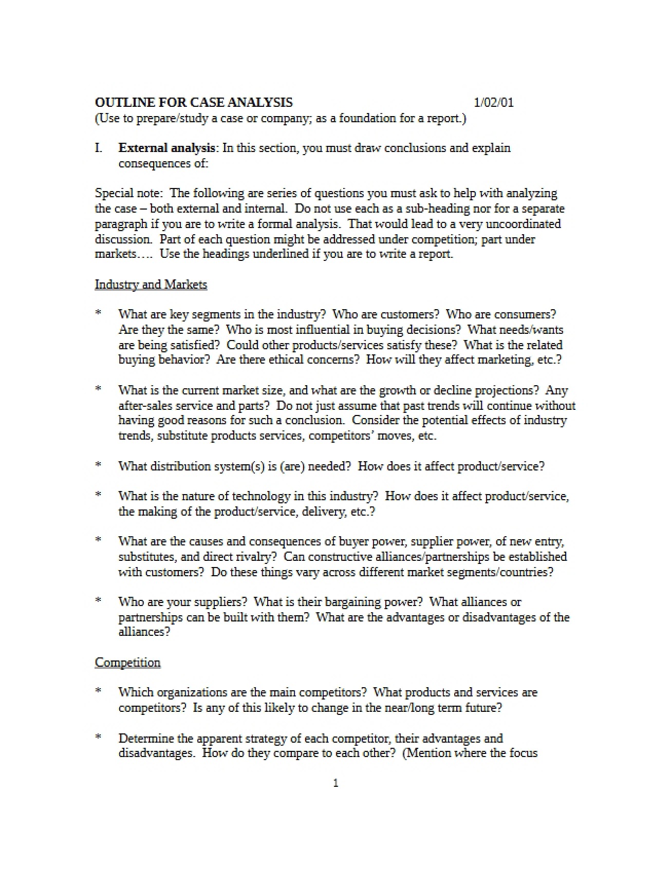 Case Analysis Outline for Strategic Management
