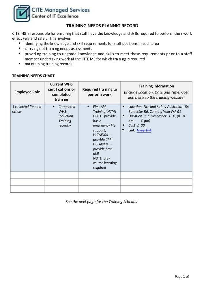 Effective and Safe Work Training - Planning and Record