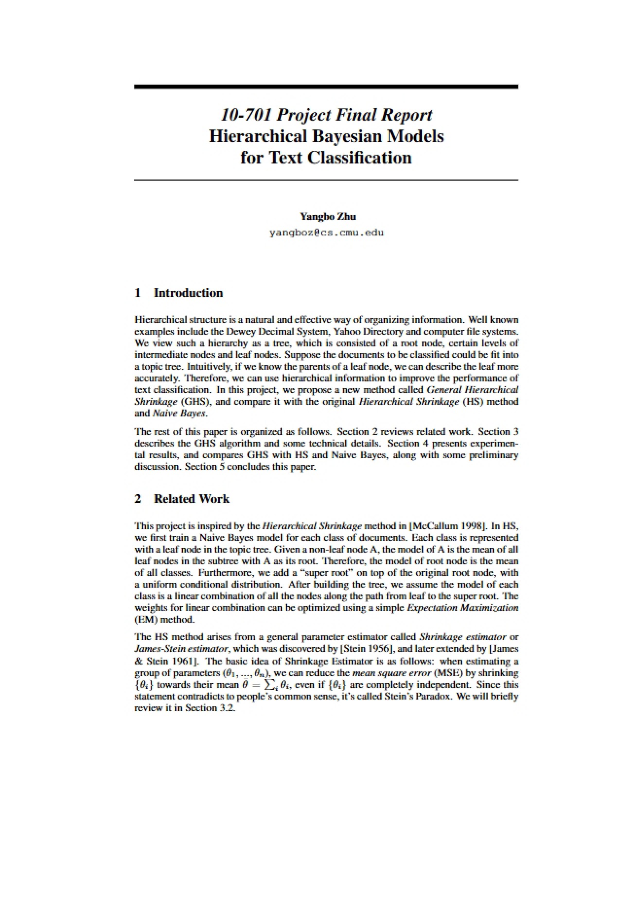 Text Classification via Hierarchical Bayesian Models