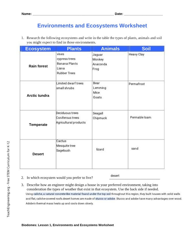 Worksheet - Environments and Ecosystems