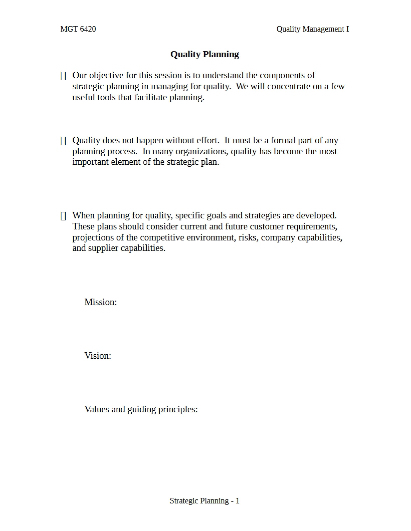 Planning for Quality