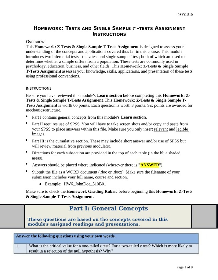 Z-Tests and Single Sample T-Tests Homework Instructions
