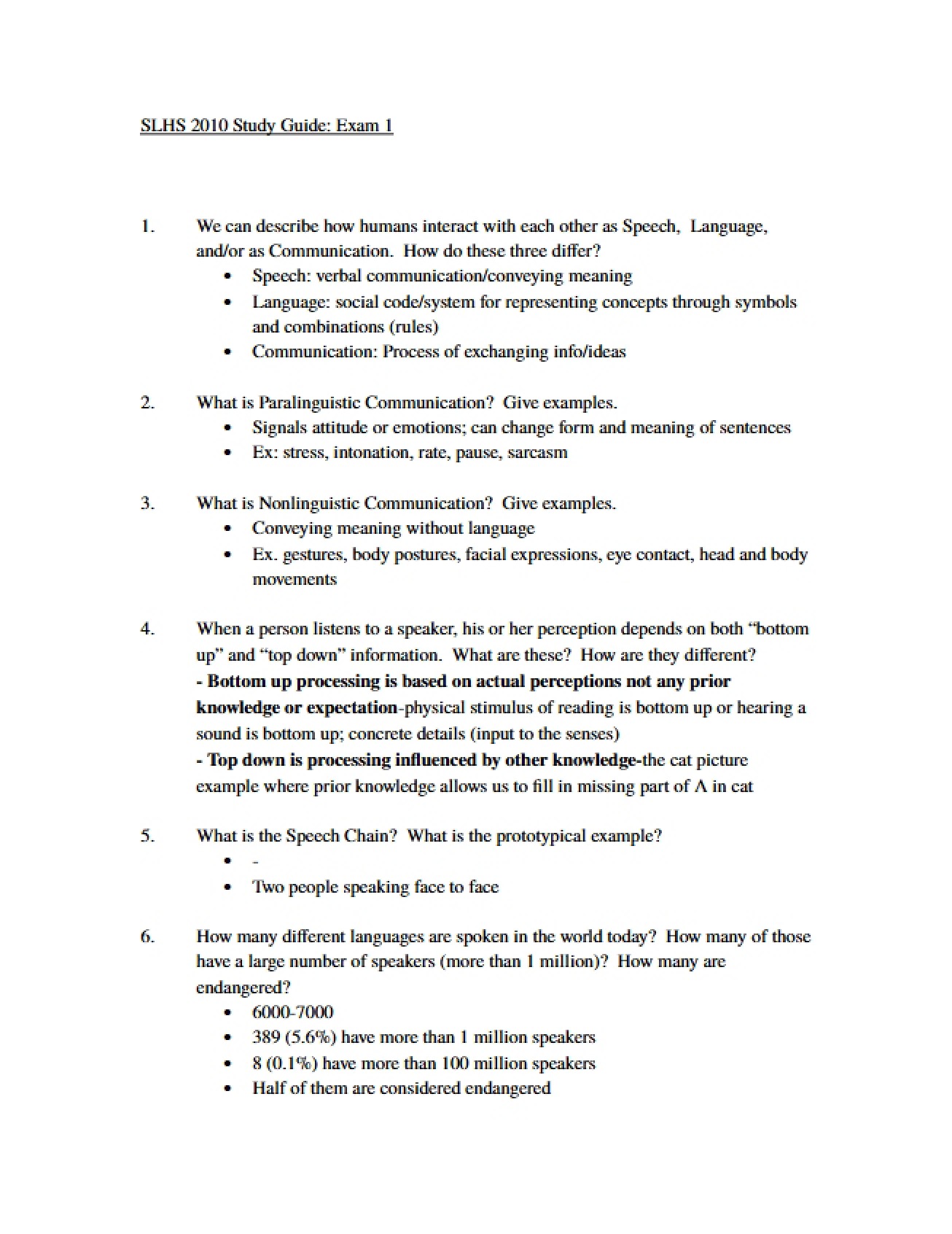 Study Guide for the First Section