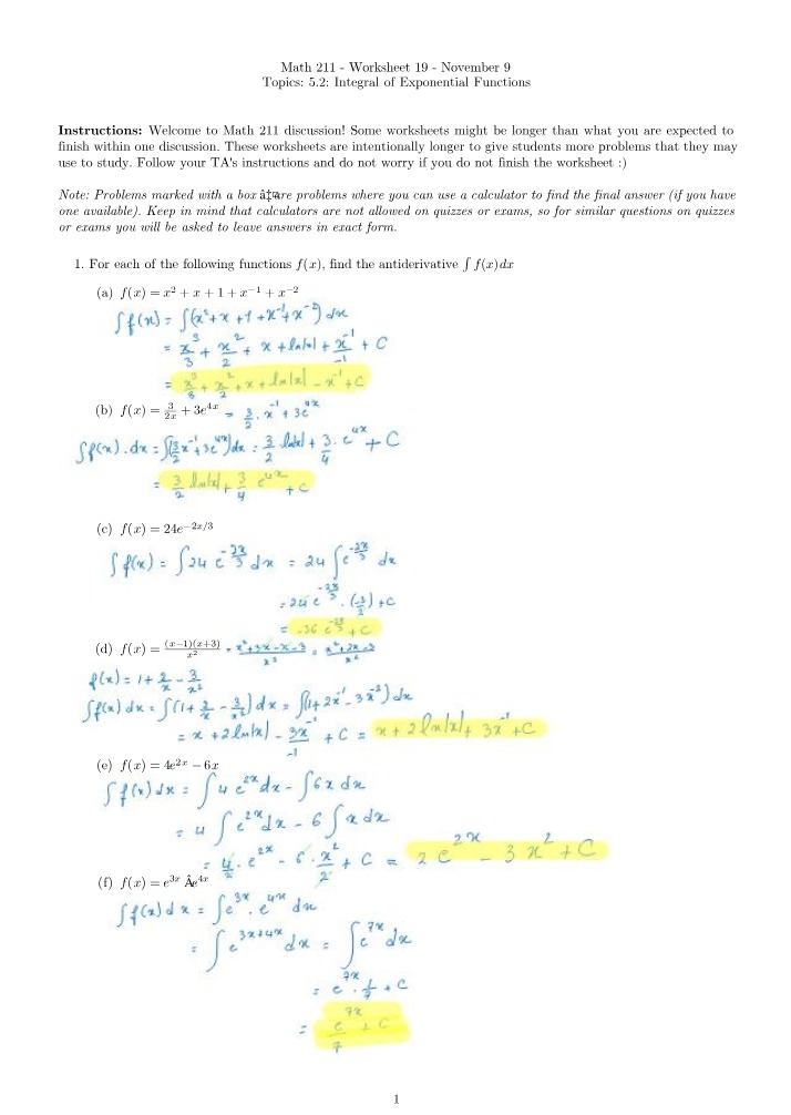 Worksheet on Exponential Functions Integrals