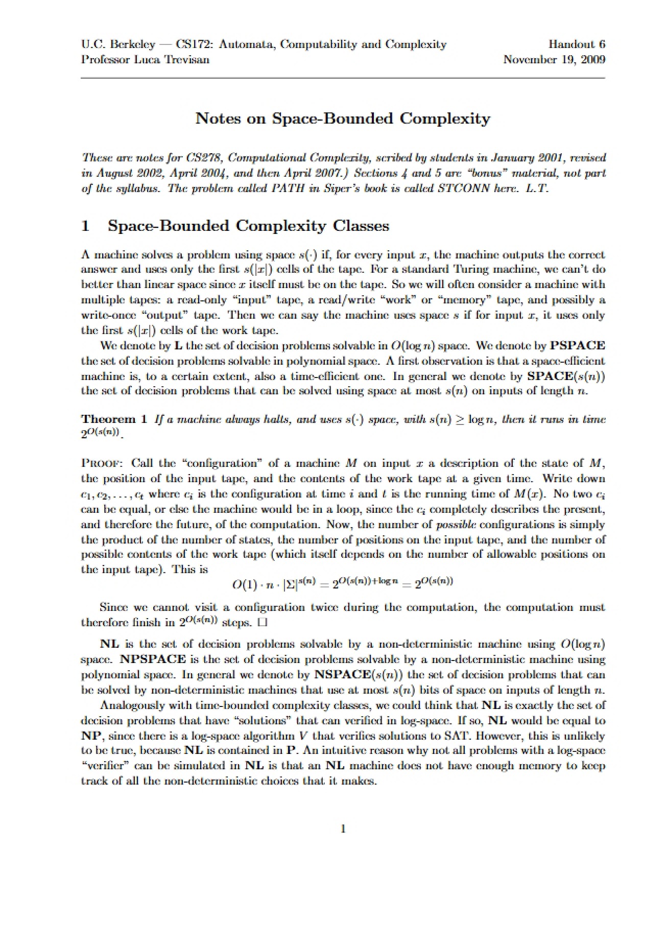 Notes on Space-Bounded Complexity (Set 1)