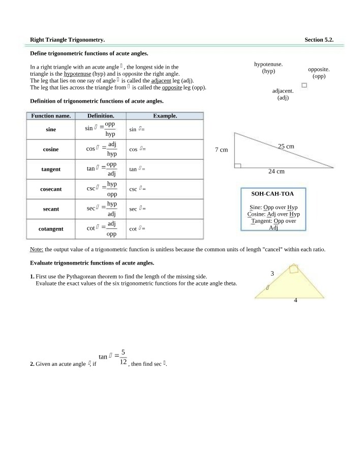 Study Guide for Trigonometry
