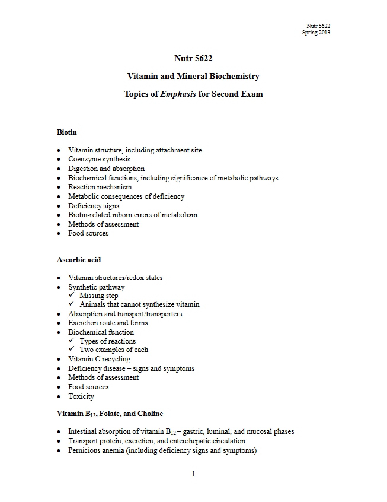 Study Guide for the Second Exam in 2013 on Vitamin and Mineral Biochemistry