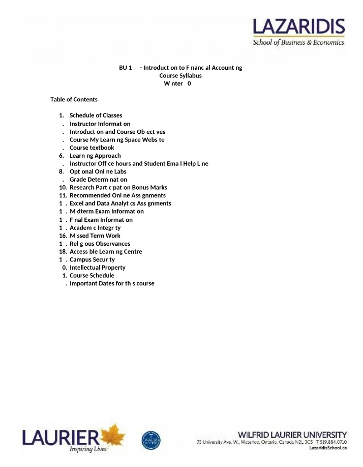 Winter 2023 Course Outline for BU 127