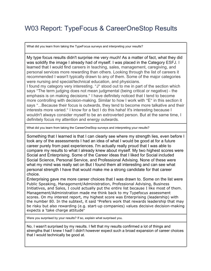 TypeFocus and CareerOneStop Results for W03