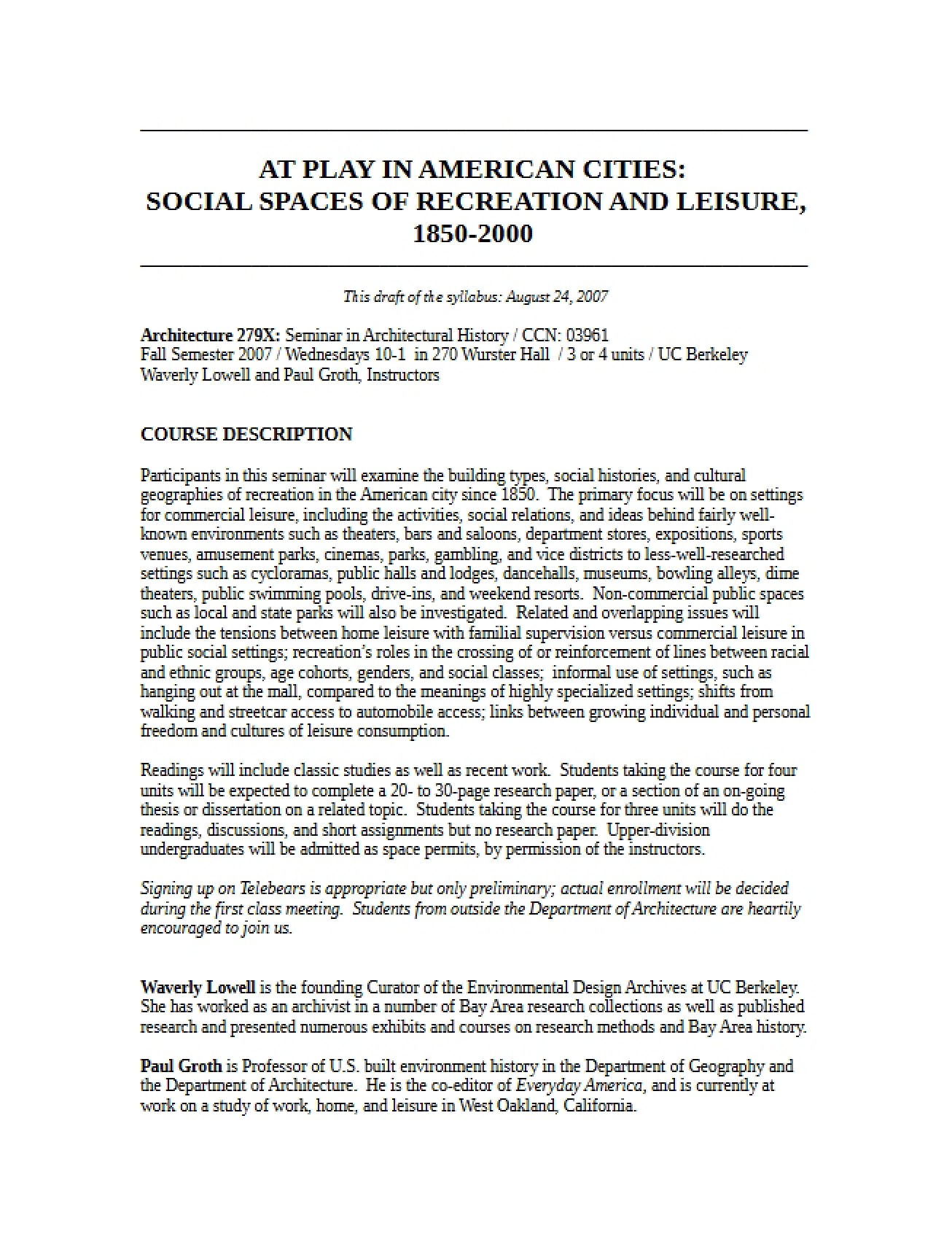Syllabus for Special Historical Topics