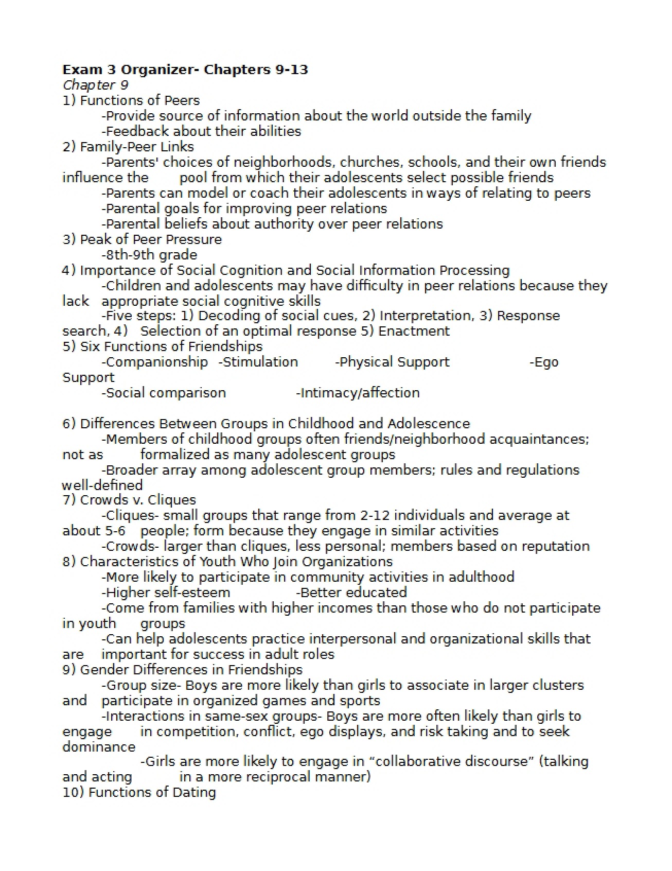 Organizer for Exam Three, Covering Chapters 9-13