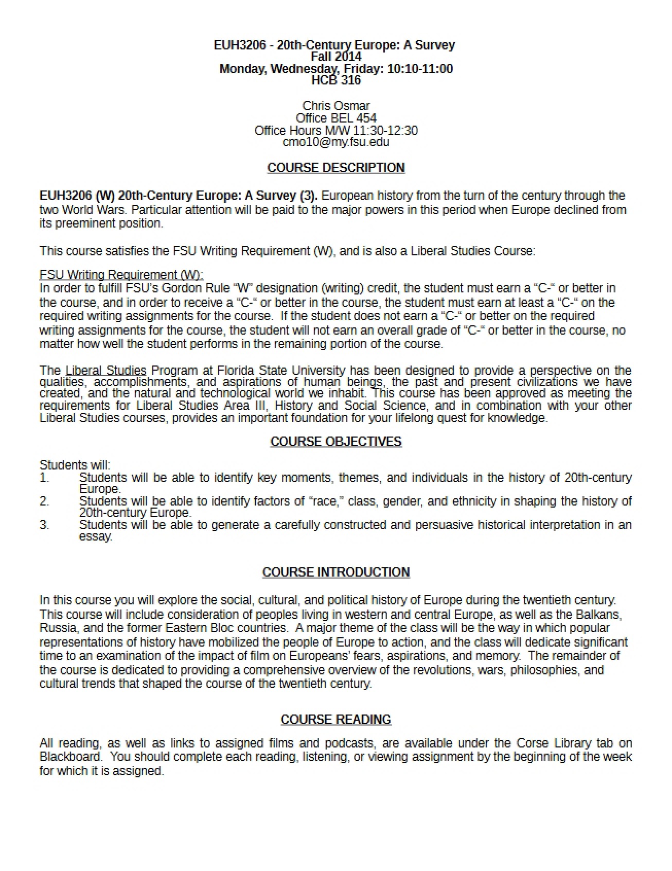 Syllabus for the EUH3206 Course