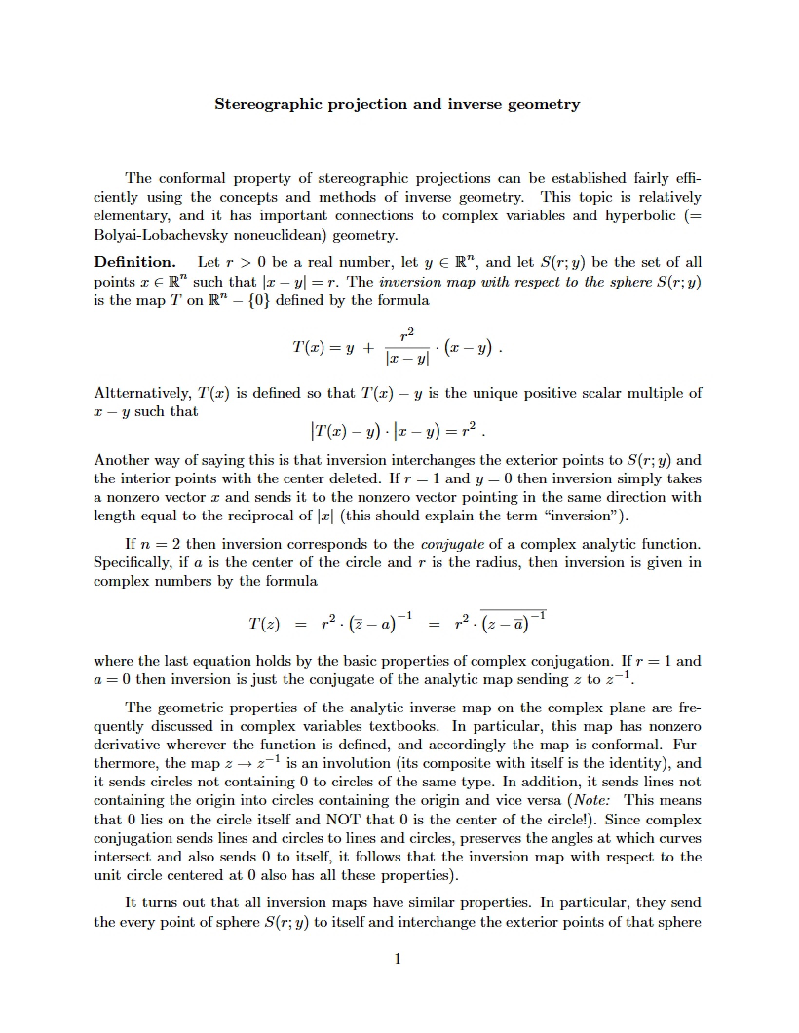 Inverse Geometry and Stereographic Projection