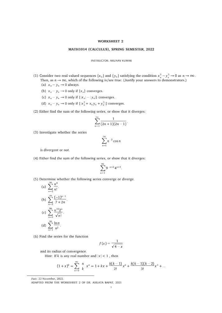 MATH1014 Calculus Worksheet 2